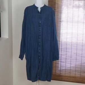 J. Jill Denim Gingham Chambray Button Front Dress Women's Sz XLT Roll Tab Sleeve